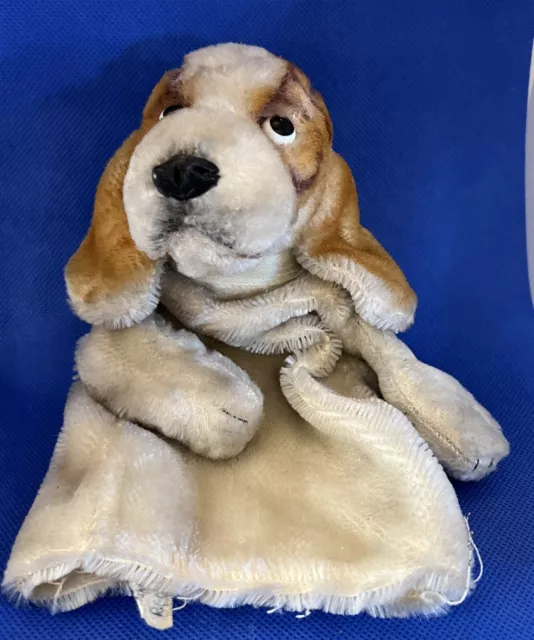 Adorable Vintage Mohair Beagle Hand Puppet - Tag... Made in Japan - 9" tall Bow