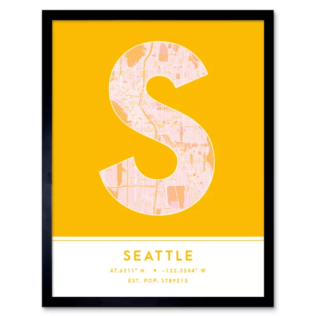 Seattle Washington United States City Map Typography Framed Wall Art Print 12x16