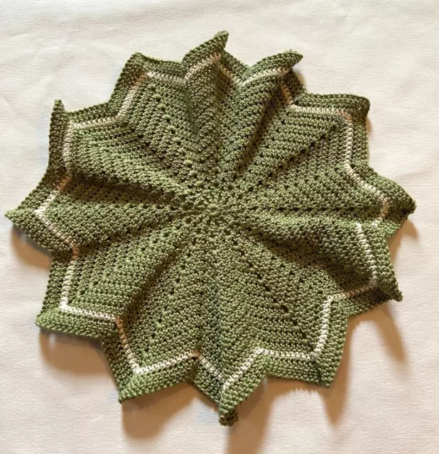 Lovely Vintage Olive Green & White Hand Crocheted Cotton Doily 10" Diameter