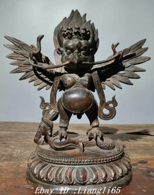 11.8''Old Tibet Pure Bronze Gilt Redpoll Winged Garuda Vogel Adler Buddha Statue