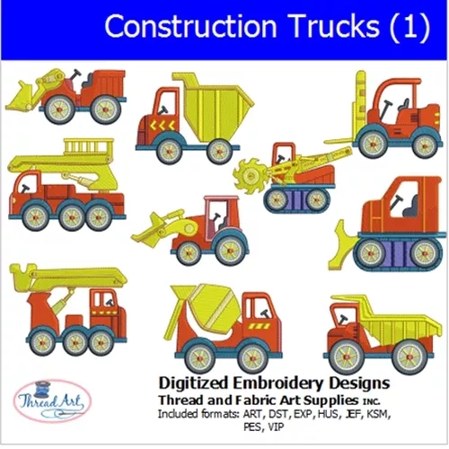 Machine Embroidery Designs - Construction Trucks -10 designs - 9 Formats - USB