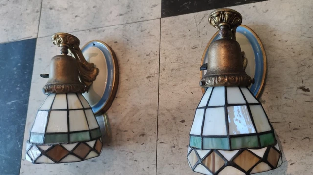 Pair Early 20th Century Brass Sconces W/ Modern Arts/ Crafts Stained Glass...