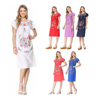 Women's Puebla Mexican Inspired Traditional Floral Embroidered Shirt Dress
