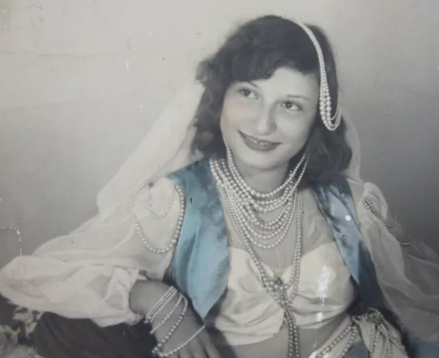 Vintage Exotic Girl Belly Dancer Pearls Photo Hand Tinted Gypsy 1920-40's