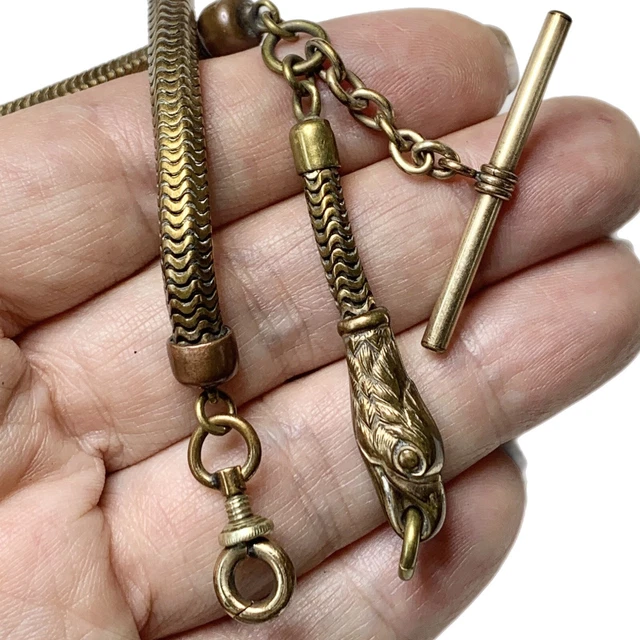Ornate Eagle Head pocket Watch Chain, 14”, Victorian Jewelry, T bar