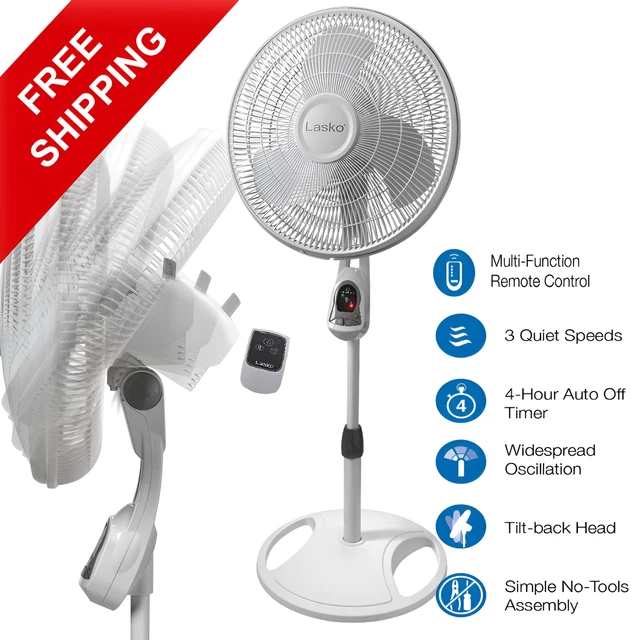 OSCILLATING PEDESTAL FAN with Timer and Remote, White / 16" 3Speed 59