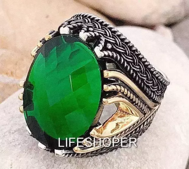 Argent Sterling Hommes Bague, Vert Zircon Hommes Bague, Turque