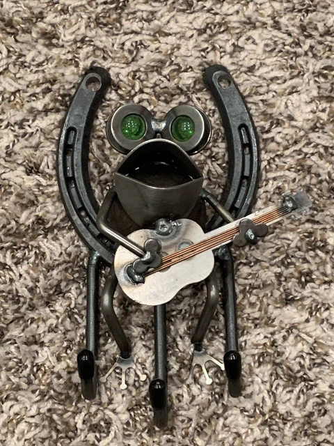 St Croix Forge Welded Horseshoe Frog Hanging Sculpture Figure Playing Guitar