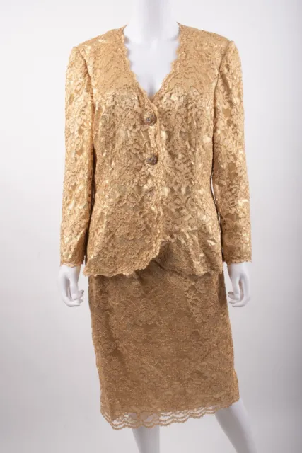 Vintage Jovani Womens Gold Lace Pencil Skirt Set Blazer Suit 2 pc set Formal S M