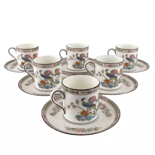 Wedgwood Kutani Crane Set of Six Demitasse Coffee Cups and Saucers Vintage