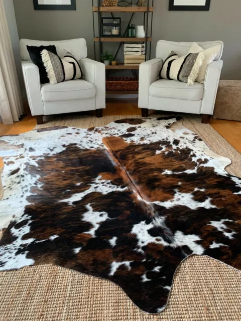 Tricolor Cow Hide Skin Leather Rug - Average Size 7X6 feet - New Cowhide Rug