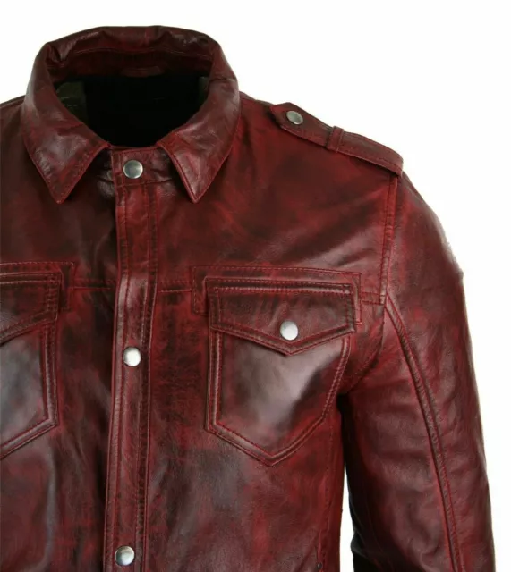 New Mens Shirt Jacket Burgundy Red Real Leather Soft Genuine Waxed Leather Shirt 3