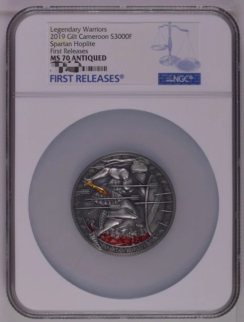 2019 Cameroon Spartan Hoplite Silver coin 3oz Legendary Warrior NGC MS70 COA BOX