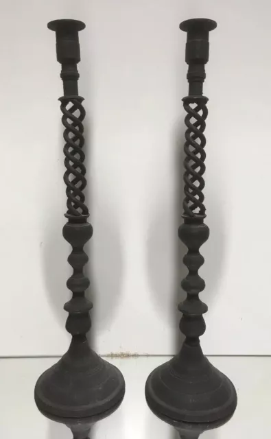 Pr. Large Iron Cast Iron Open Barley Twist Candle Holders 19 3/4"H