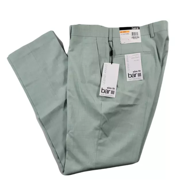 Bar III Slim-Fit Wool Sharkskin Dress Pants Mens 33 x 32 Light Green $175