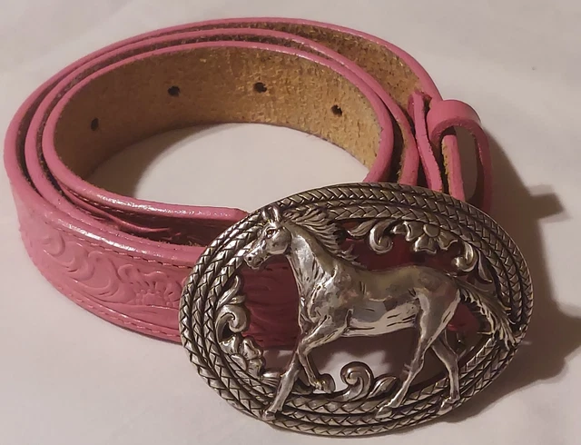 JUSTIN PINK TOP GRAIN LEATHER BELT TOOLED w/ SILVER HORSE BUCKLE Kids Junior