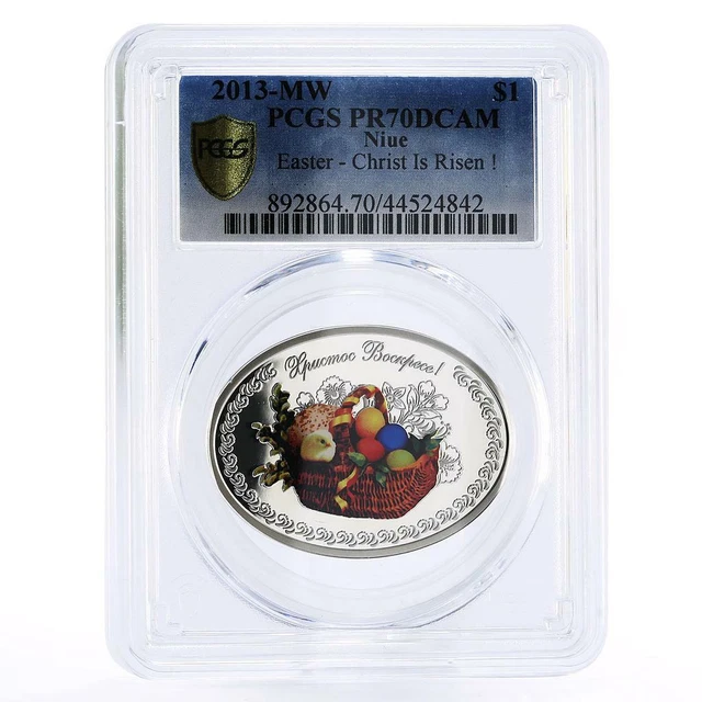 Niue 1 dollar Easter Christ Is Risen Egg in Basket PR70 PCGS silver coin 2013