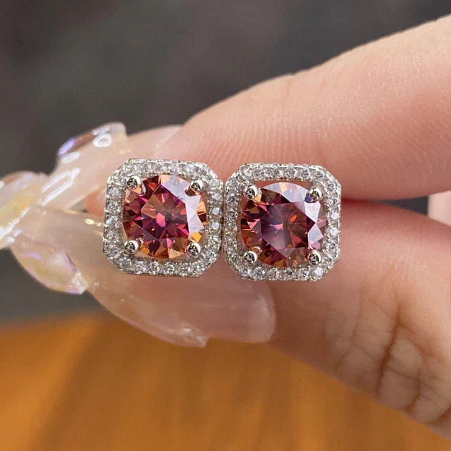 Pendientes de tachuelas cuadradas de diamante moissanita rojo rosa de 1 quilates plata real S925 regalo para niña