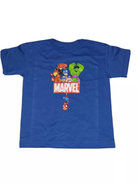 NWOT Marvel Comics Superhero Friends Kids Blue t-shirt Size 7 Spidey, Hulk, Cap