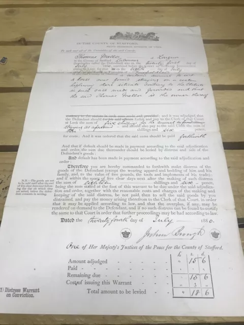 Old Staffordshire Document 1880 T Mellor , Longnor Animal On Highway Warrant