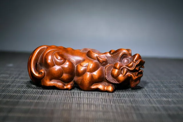 Art Chinese Boxwood Wood Carving Exquisite Pixiu Statue Collection Nice Decor