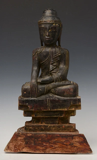 18th Century, Shan, Antique Burmese Wooden Seated Buddha