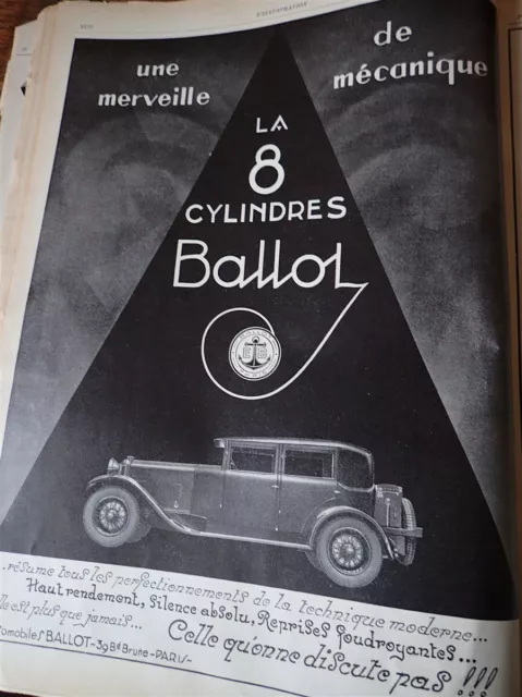 BALLOT 8 cyl + JAEGER publicité papier ILLUSTRATION AUTO 1927 col