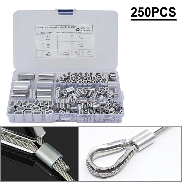 For Assortment 250x 8 Size Aluminum Double Barrel Ferrule Crimping Loop Sleeve