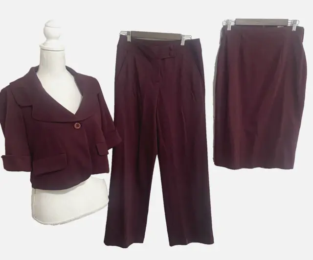 Spiegel Womens Ponte Knit Suit 3 Pc Burgundy (Blazer - 10, Skirt / Pants - 6)