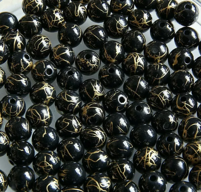 8 MM x 100 PCS Approx. ( 27g/bag ) BLACK & GOLD~DRAWBENCH~ACRYLIC BEADS