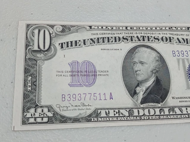 High Grade 1934 D $10 Ten Dollar Silver Certificate Note Blue Seal, A72 2