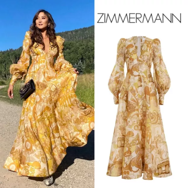 NWOT $1,850 Zimmermann Tempo Honey Collage Gown Linen Silk Maxi Dress Gold AU1