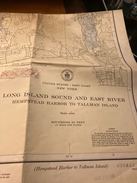 Vintage U.S. Coast & Geodetic Survey Map Long Island Sound East River 1942