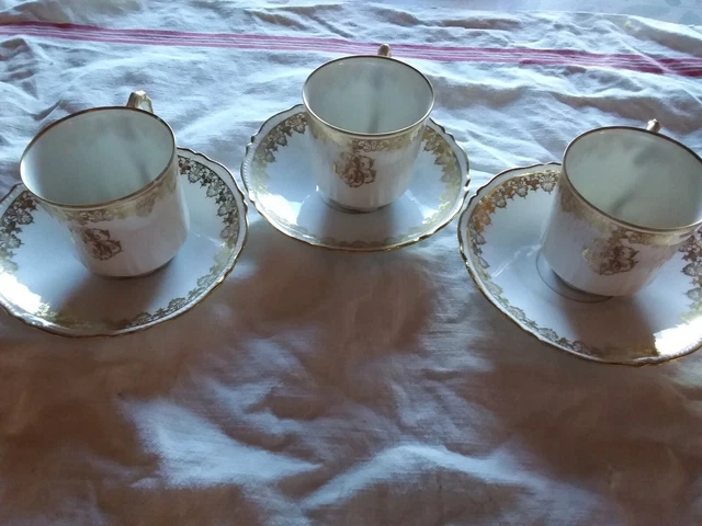 Lot De 3 Tasses Et Soucoupes Ternet Porcelaine De Limoges - Doré - Vintage