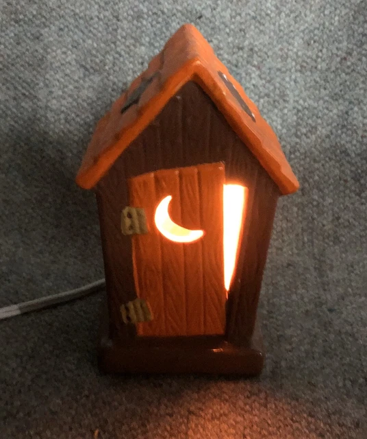 Vintage Ceramic Lighted Outhouse Hand Painted Bathroom Decor Nightlight