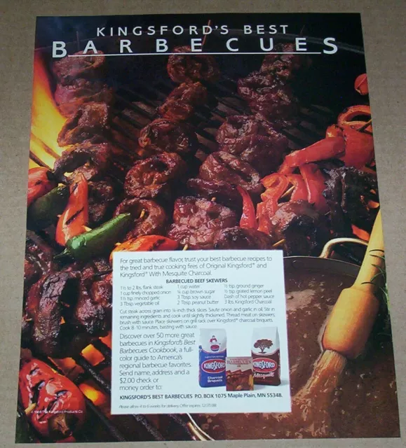 1986 print ad page -Kingsford charcoal Barbecued Beef Skewers recipe advertising