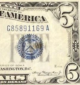 1934A $5 Blue SILVER Certificate X1169 Old US Paper Money Currency!