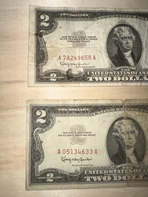 1953 2 dollar bill red seal star note 1953-1953 A  as Seen 2 Bills