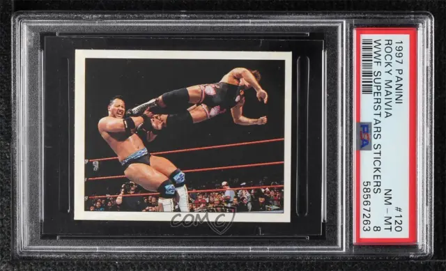 1997 Panini WWF Superstars Album Stickers The Rock Rocky Maivia Owen Hart PSA 8