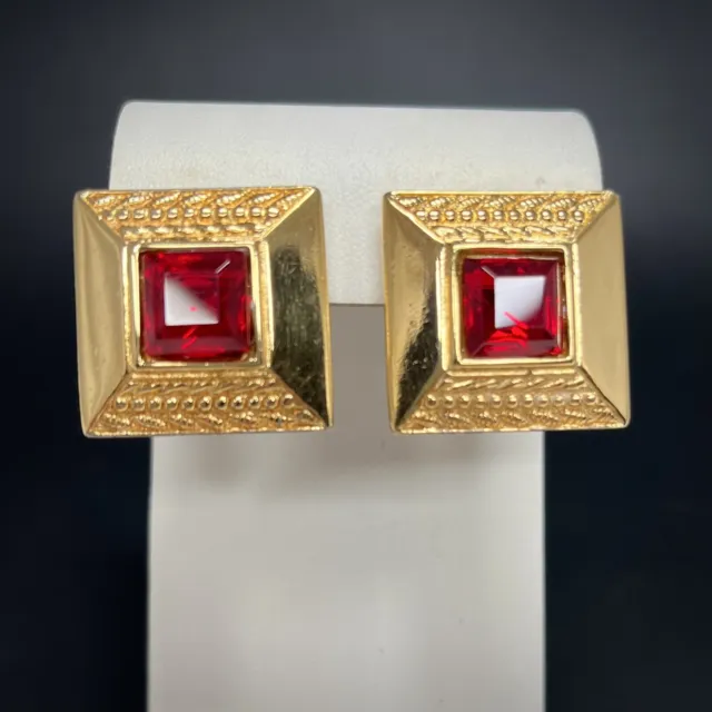 Monet Gold Tone Rhinestone Earrings Red Cut Glass Pierced Ears Square Vintage