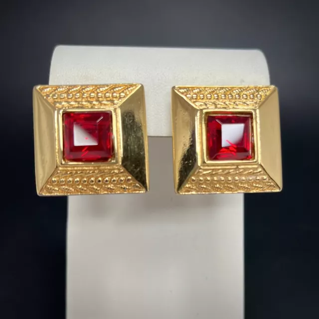 Monet Gold Tone Rhinestone Earrings Red Cut Glass Pierced Ears Square Vintage