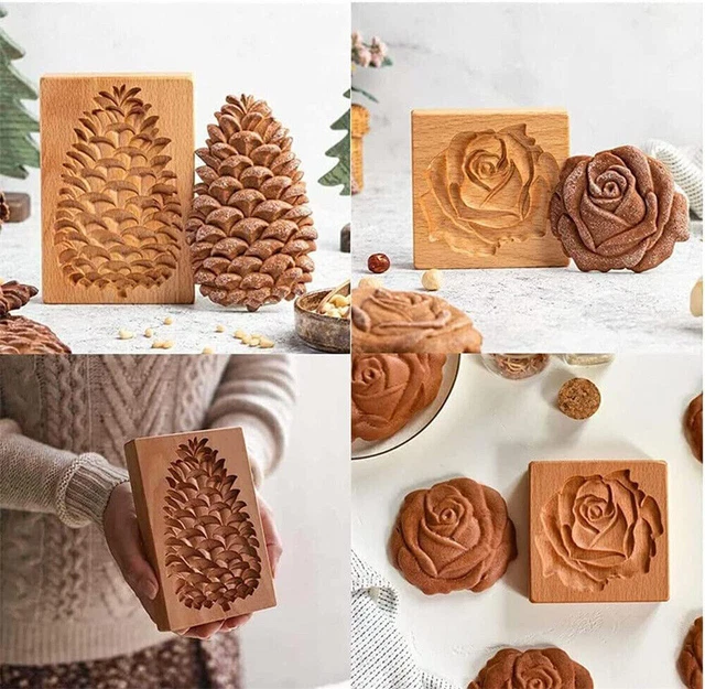 Christmas Wooden Gingerbread Carved Shortbread Mold Cookie Cutter Molds US