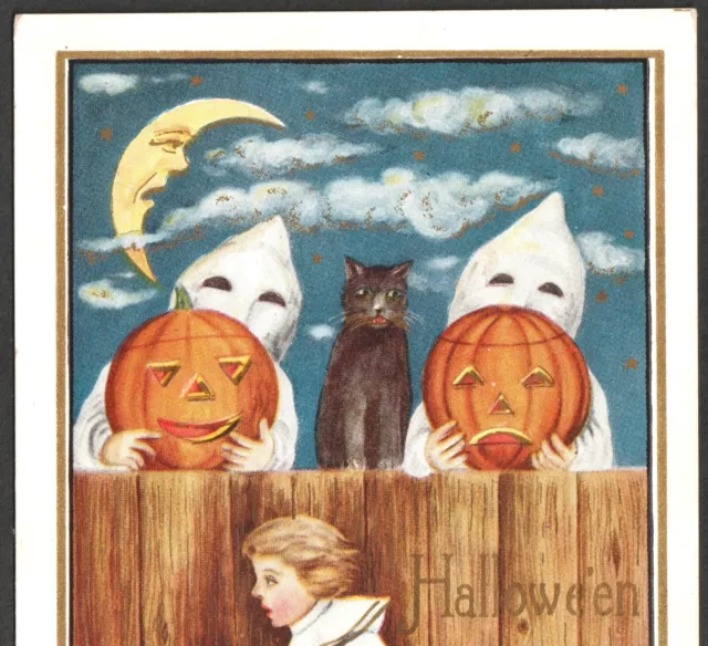 Halloween Ghost Spooks Pumpkin Jack-O-Lantern Cat Whitney WH43-2 CLEAN PostCard 2