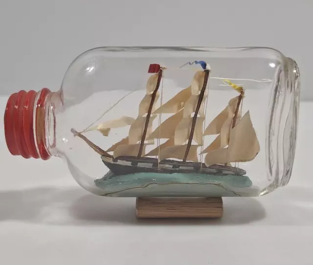 Vintage Ship in a Bottle Mini Handmade 3" Triple Mast Sail Boat Robin Hood's Bay