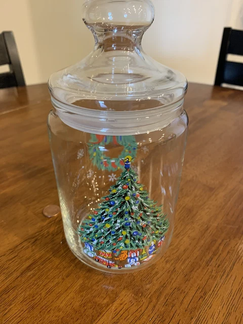 Vintage Christmas Tree & Wreath 8" Glass Canister Jar Noel France