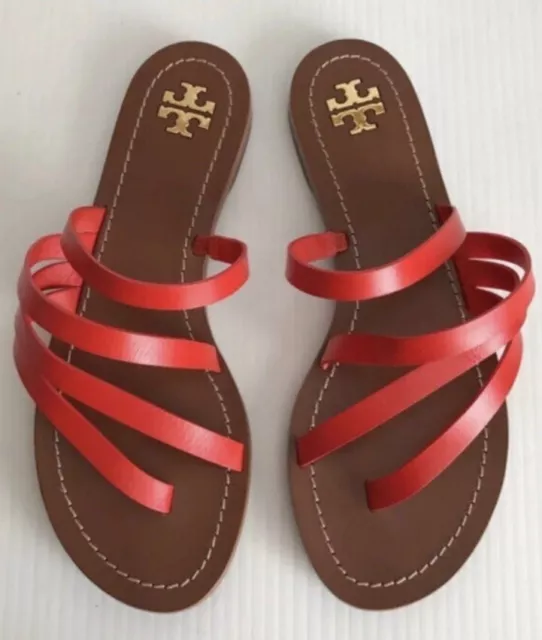 AUTH TORY BURCH PATOS Strappy Flat Thong Slide Sandals Samba Red