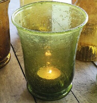 Rustic Moss Green Glass Hurricane Tea Light Holder, Votive Candle Holder Lantern