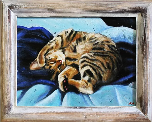 Katzen - Ölgemälde handgemalt Rahmen Signiert Wohnzimmer Kunst Wandbild 47x37cm