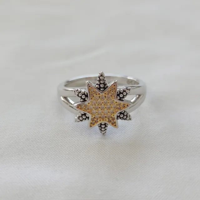 Lagos Sterling Silver & Golden North Star Two Tone Star Diamond Ring Size 7