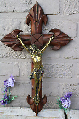 Antique french wood carved fleur de lys ends brass christ crucifix cross rare